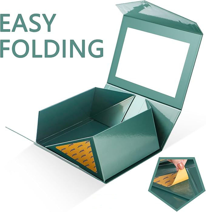 Green Magnetic Gift Box with Clear Window – 9.5x7x4 Inch Glossy Foldable Rigid Box for Display, Packaging & Gifting