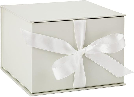 White Magnetic Gift Box with Ribbon – 7.25" x 7.2" x 5.3" Rigid Foldable Lid Box with Satin Bow for Wedding, Birthday, Holiday, Business Gifts