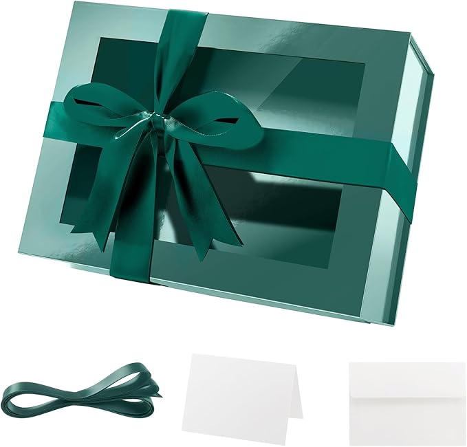 Green Magnetic Gift Box with Clear Window – 9.5x7x4 Inch Glossy Foldable Rigid Box for Display, Packaging & Gifting