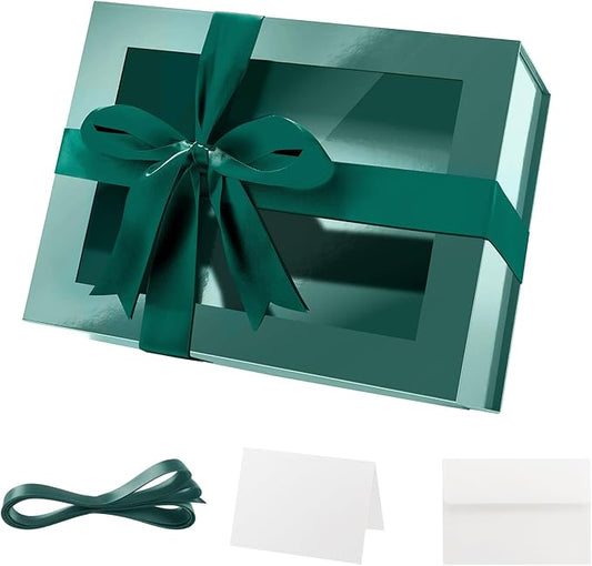 Green Magnetic Gift Box with Clear Window – 9.5x7x4 Inch Glossy Foldable Rigid Box for Display, Packaging & Gifting