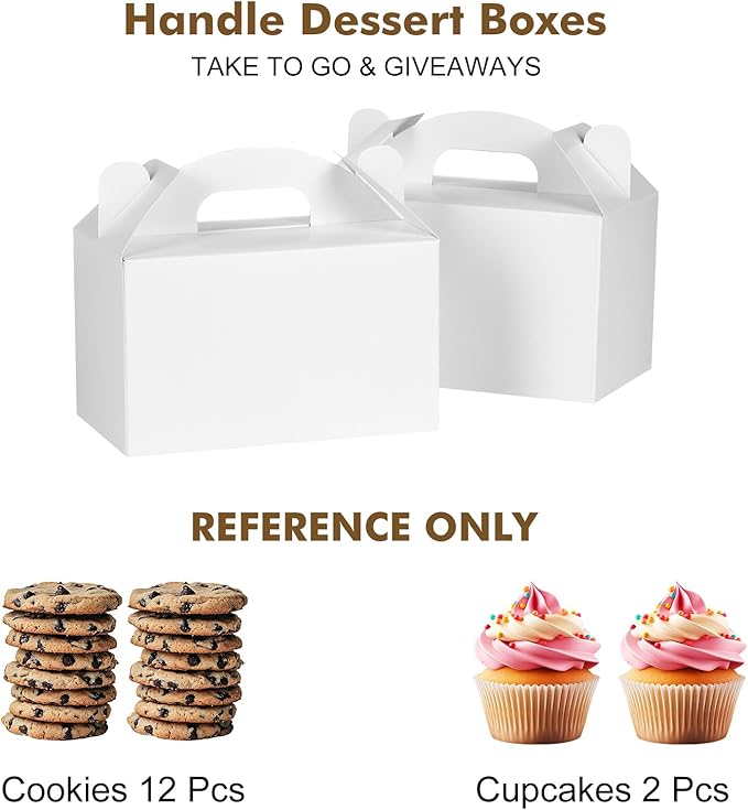 48 Pack White Party Favor Treat Boxes, Gable Gift Boxes with Handles for Birthday, Wedding, Baby Shower