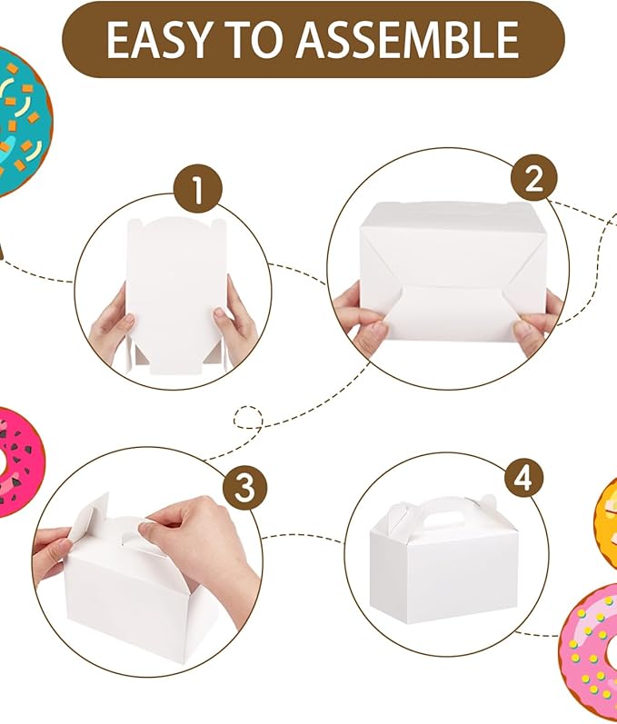 48 Pack White Party Favor Treat Boxes, Gable Gift Boxes with Handles for Birthday, Wedding, Baby Shower