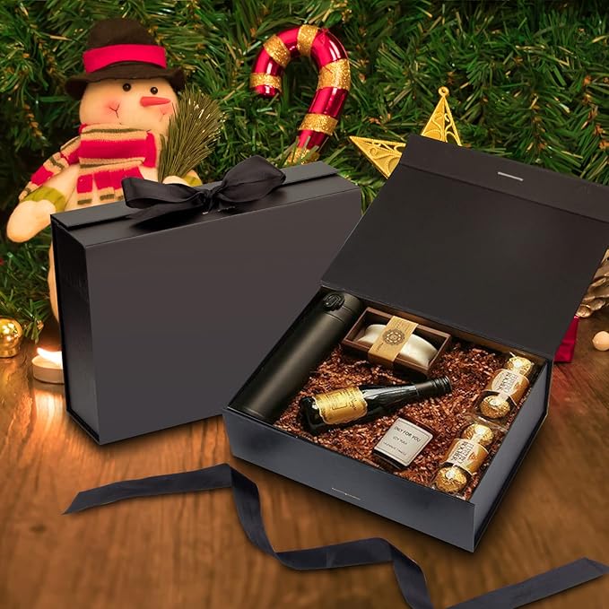 Gift Box with Lid for Presents 10.5x7.5x3.1 Inches with Ribbon and Magnetic Closure(1-Pack) (Black)