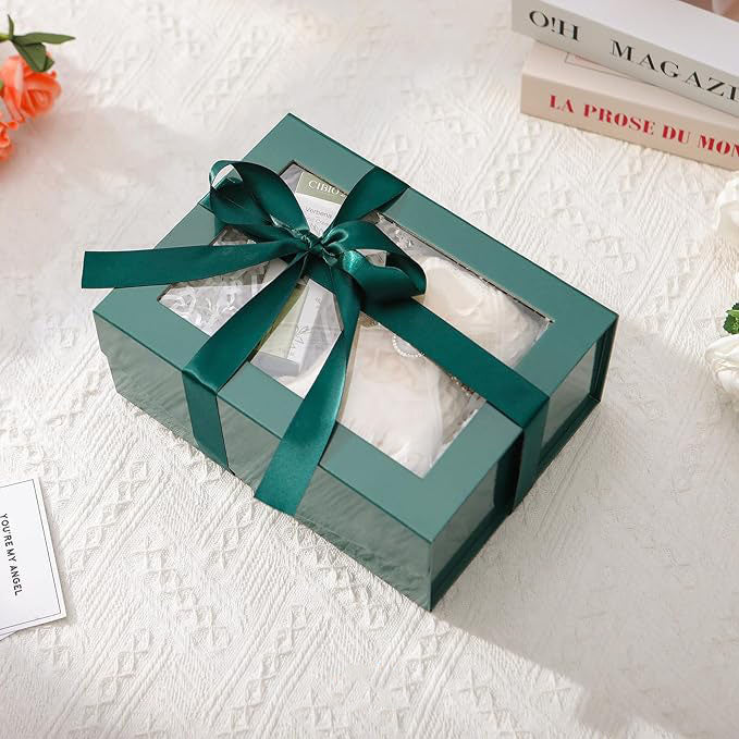 Green Magnetic Gift Box with Clear Window – 9.5x7x4 Inch Glossy Foldable Rigid Box for Display, Packaging & Gifting
