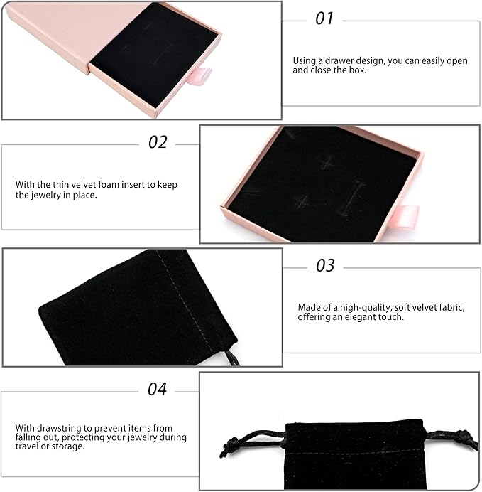 Small Jewelry Gift Box and Velvet Bag, Necklace Bracelet Earring Cardboard Organizer Square Jewellery Gift Box Pendent Storage Case for Birthday Xmas Christmas Wrapping (Pink)