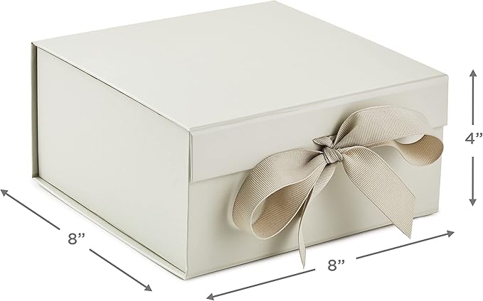 Ivory Magnetic Gift Box with Ribbon – 8x8x4 Inch Rigid Foldable Box with Flip Lid and Cotton Bow for Wedding, Birthday, Holiday & Gift Packaging