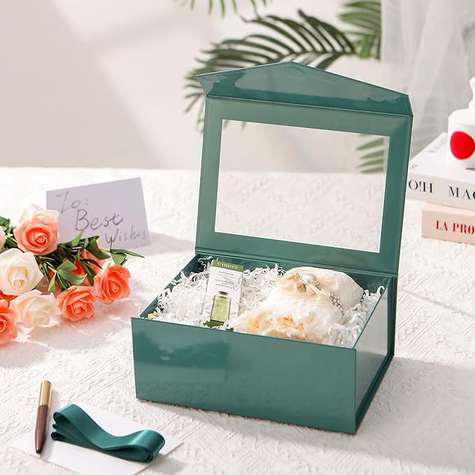 Green Magnetic Gift Box with Clear Window – 9.5x7x4 Inch Glossy Foldable Rigid Box for Display, Packaging & Gifting