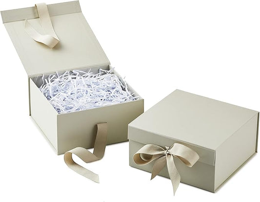 Ivory Magnetic Gift Box with Ribbon – 8x8x4 Inch Rigid Foldable Box with Flip Lid and Cotton Bow for Wedding, Birthday, Holiday & Gift Packaging