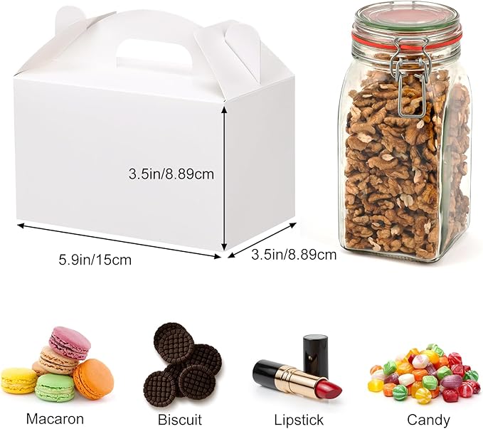 48 Pack White Party Favor Treat Boxes, Gable Gift Boxes with Handles for Birthday, Wedding, Baby Shower