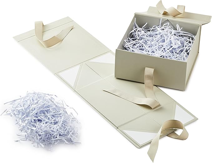 Ivory Magnetic Gift Box with Ribbon – 8x8x4 Inch Rigid Foldable Box with Flip Lid and Cotton Bow for Wedding, Birthday, Holiday & Gift Packaging
