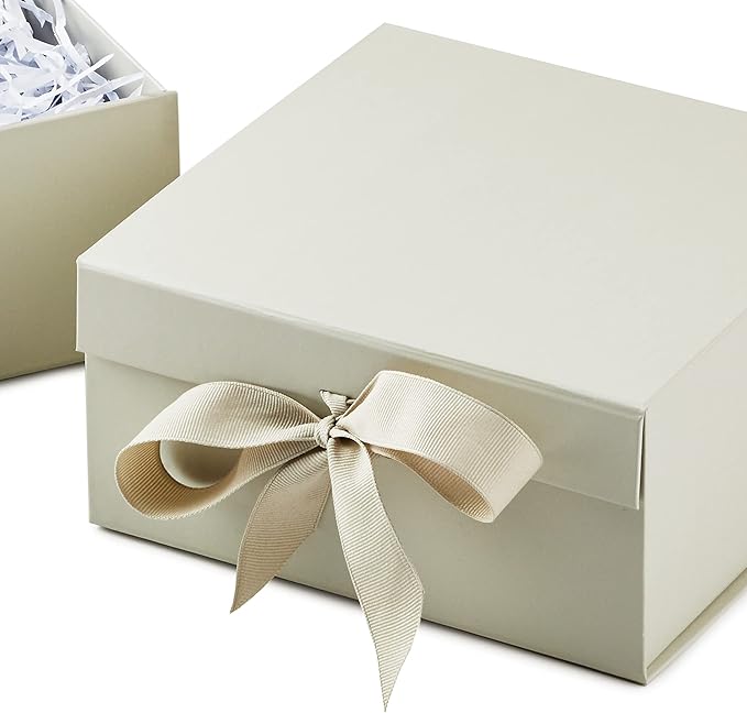 Ivory Magnetic Gift Box with Ribbon – 8x8x4 Inch Rigid Foldable Box with Flip Lid and Cotton Bow for Wedding, Birthday, Holiday & Gift Packaging