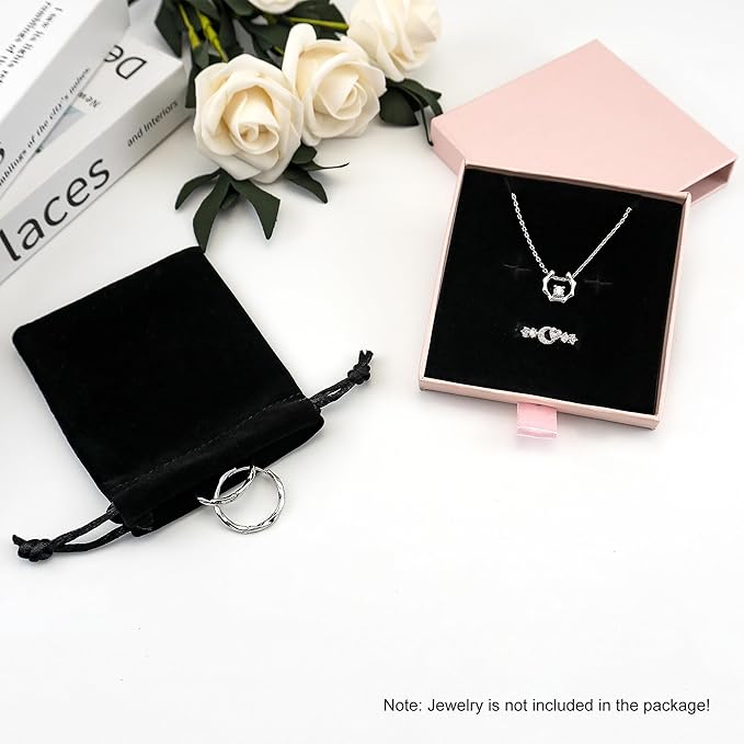 Small Jewelry Gift Box and Velvet Bag, Necklace Bracelet Earring Cardboard Organizer Square Jewellery Gift Box Pendent Storage Case for Birthday Xmas Christmas Wrapping (Pink)