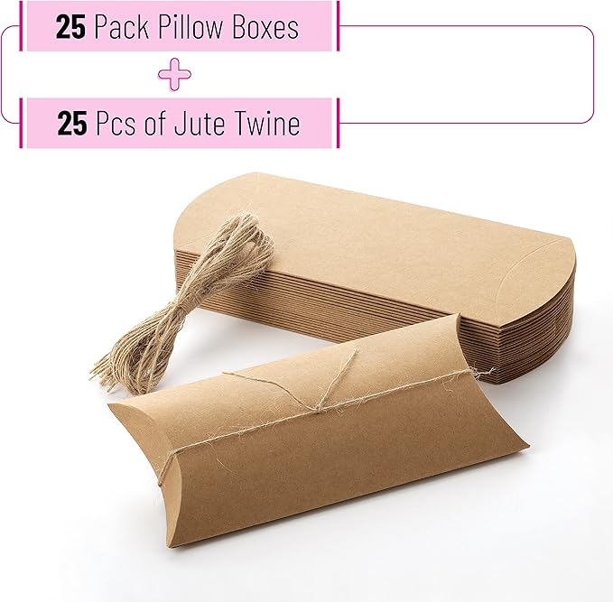 25 Pack Kraft Pillow Gift Boxes with 20-Inch Jute Twines – Recyclable Paper Packaging for Small Gifts, Jewelry, Wedding Favors (8.7x3.7 inch Flat Size)