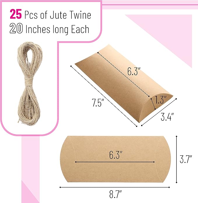 25 Pack Kraft Pillow Gift Boxes with 20-Inch Jute Twines – Recyclable Paper Packaging for Small Gifts, Jewelry, Wedding Favors (8.7x3.7 inch Flat Size)