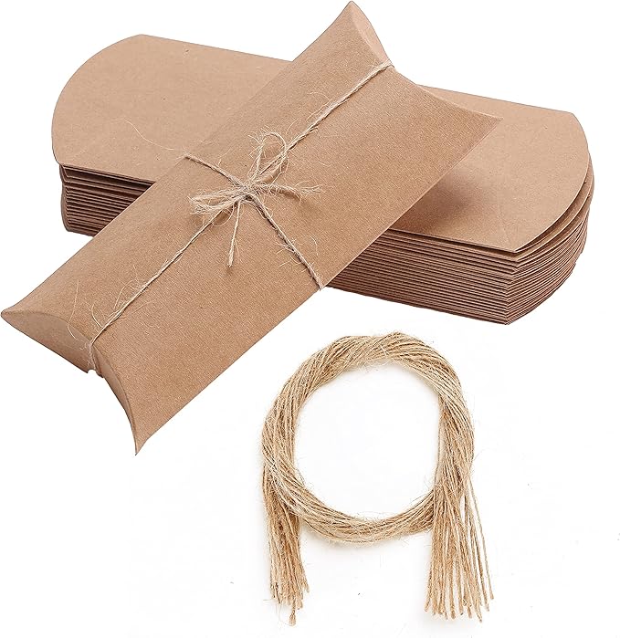 25 Pack Kraft Pillow Gift Boxes with 20-Inch Jute Twines – Recyclable Paper Packaging for Small Gifts, Jewelry, Wedding Favors (8.7x3.7 inch Flat Size)