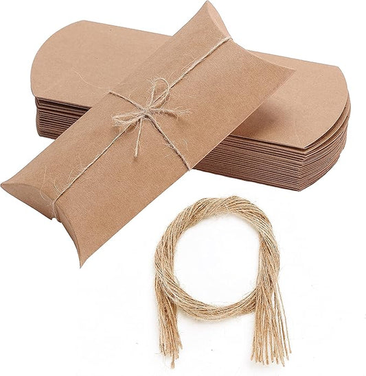 25 Pack Kraft Pillow Gift Boxes with 20-Inch Jute Twines – Recyclable Paper Packaging for Small Gifts, Jewelry, Wedding Favors (8.7x3.7 inch Flat Size)